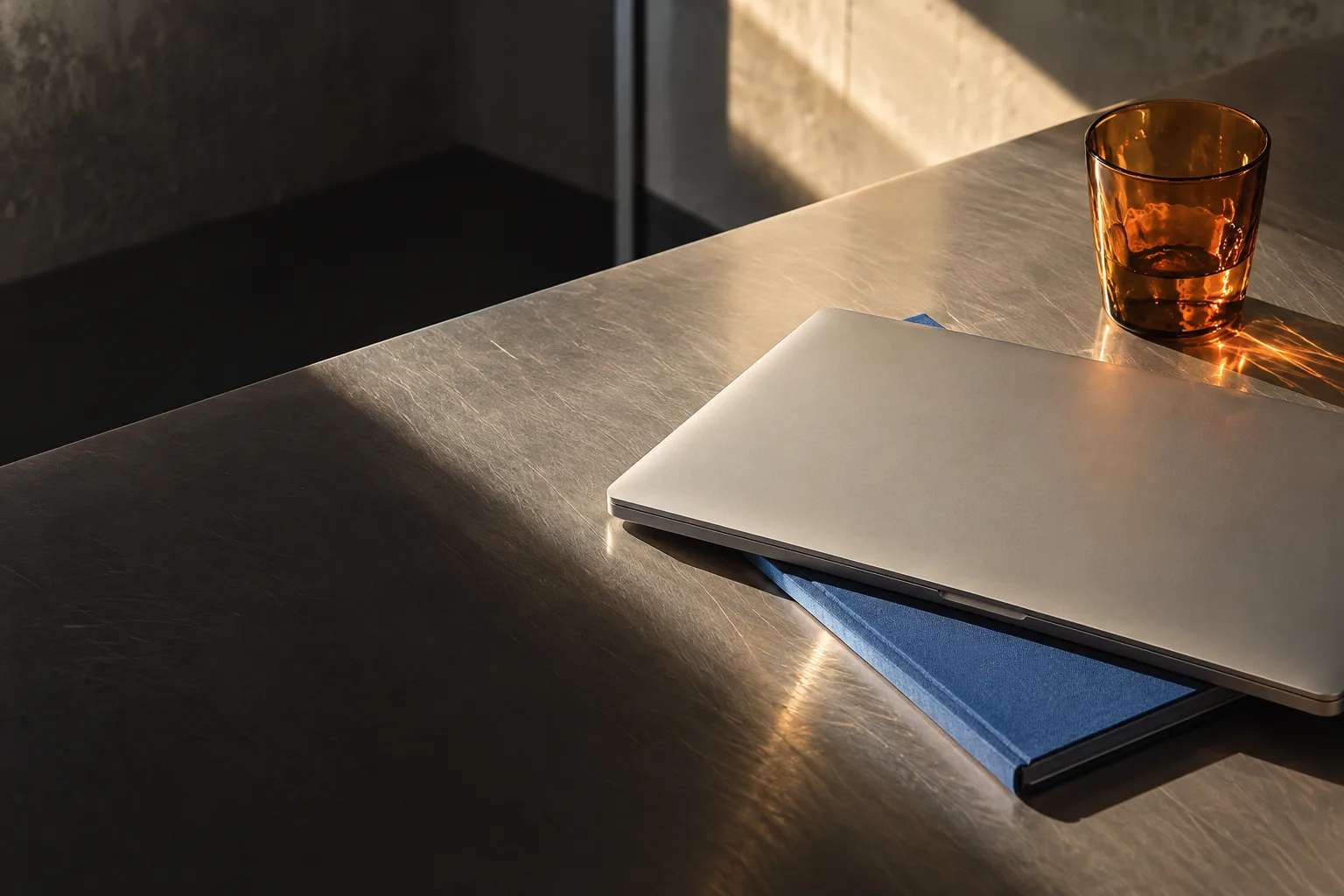 A silver laptop, blue notebook and amber glass in warm afternoon light