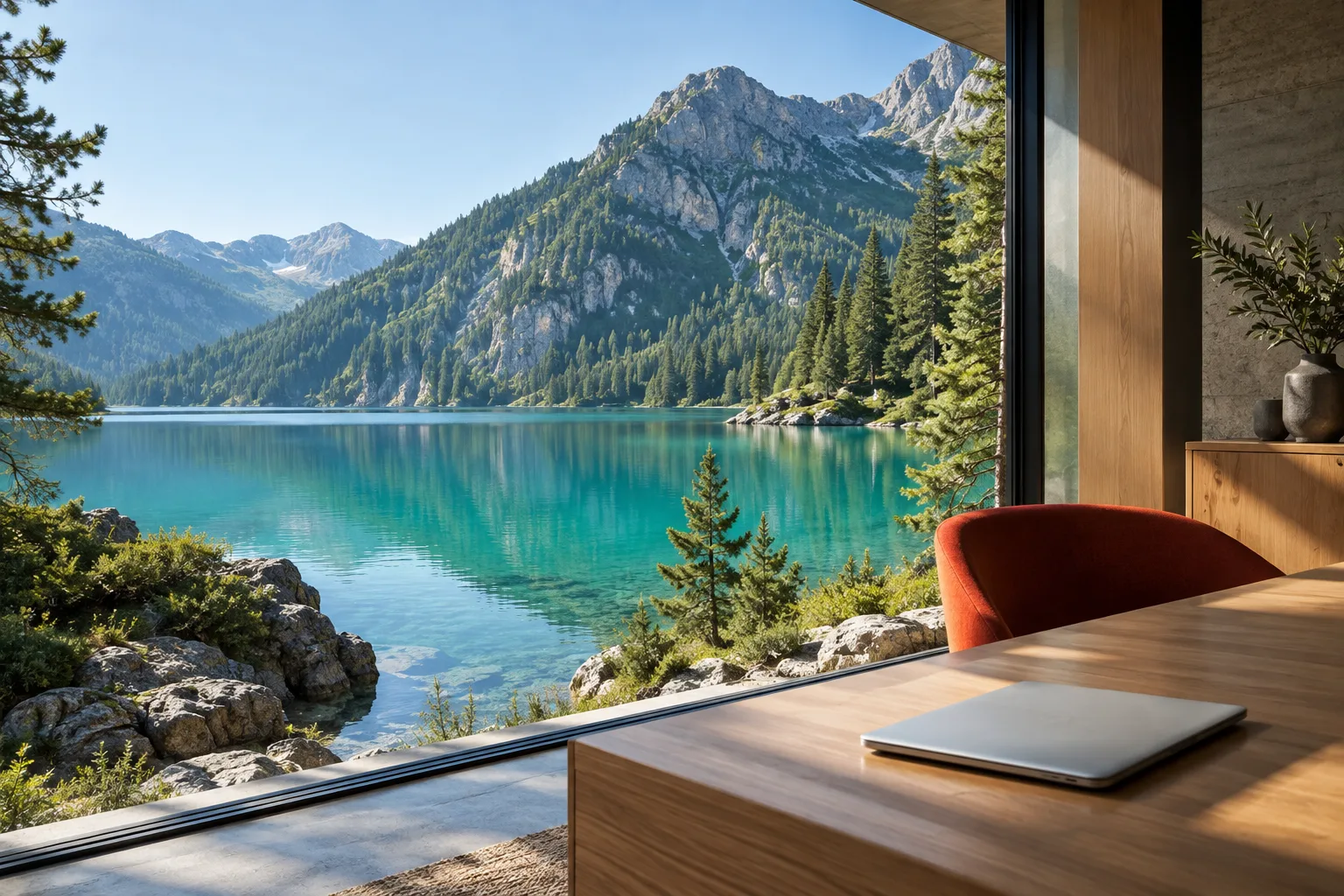 A sunlit workspace overlooking a turquoise mountain lake